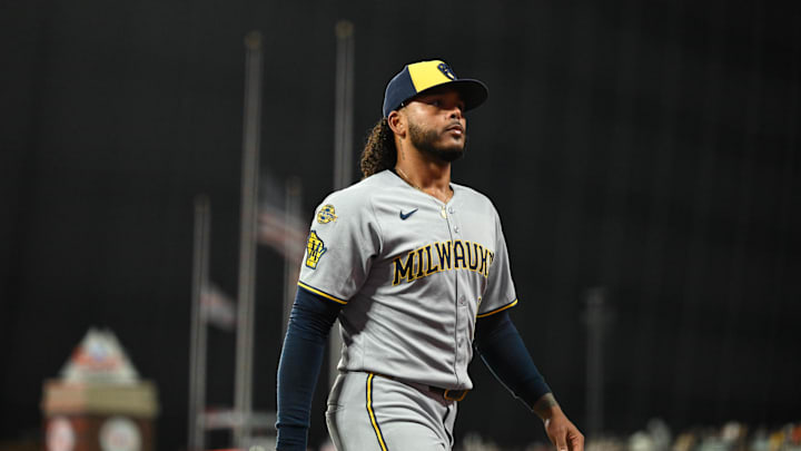 Apr 23, 2025; San Francisco, California, USA; Milwaukee Brewers starting pitcher Freddy Peralta (51) walks off the field after a pitcher change against the San Francisco Giants in the sixth inning at Oracle Park. Mandatory Credit: Eakin Howard-Imagn Images