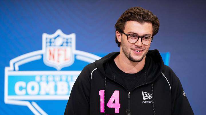 Feb 26, 2026; Indianapolis, IN, USA; Michigan tight end Marlin Klein (TE14) speaks to members of the media during the NFL Combine at the Indiana Convention Center. Mandatory Credit: Jacob Musselman-Imagn Images Feb 26, 2026; Indianapolis, IN, USA; Michigan tight end Marlin Klein (TE14) speaks to members of the media during the NFL Combine at the Indiana Convention Center. Mandatory Credit: Jacob Musselman-Imagn Images