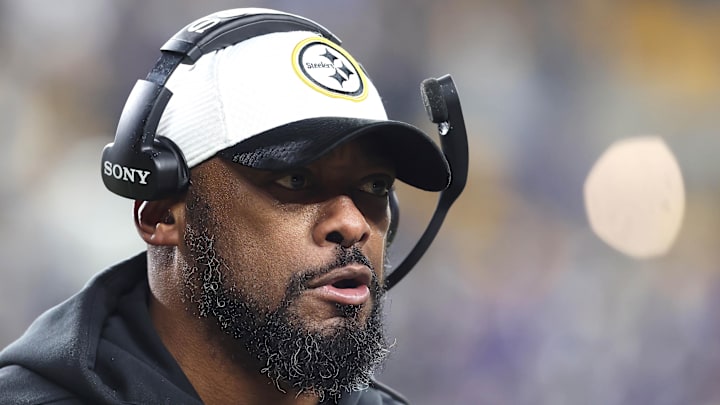 Jan 4, 2026; Pittsburgh, Pennsylvania, USA; Pittsburgh Steelers head coach Mike Tomlin reacts against the Baltimore Ravens during the second half at Acrisure Stadium. Mandatory Credit: Charles LeClaire-Imagn Images