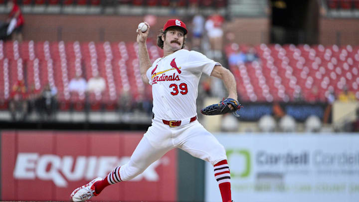Sep 2, 2025; St. Louis, Missouri, USA; St. Louis Cardinals starting pitcher Miles Mikolas (39) pitches against the Athletics during the first inning at Busch Stadium. Mandatory Credit: Jeff Curry-Imagn Images