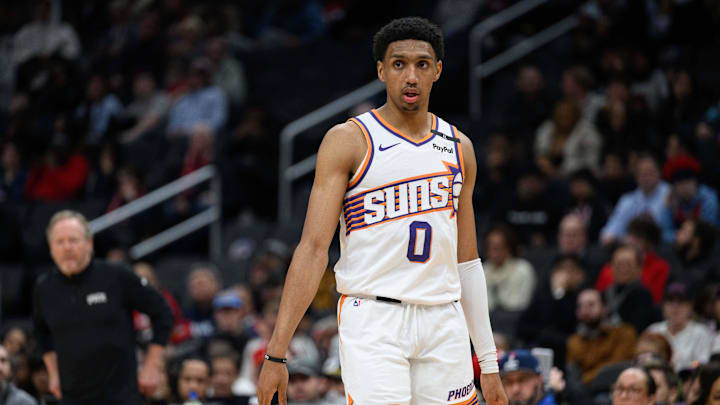 Jan 16, 2025; Washington, District of Columbia, USA; Phoenix Suns forward Ryan Dunn (0) looks on during the fourth quarter against the Washington Wizards at Capital One Arena. Mandatory Credit: Reggie Hildred-Imagn Images