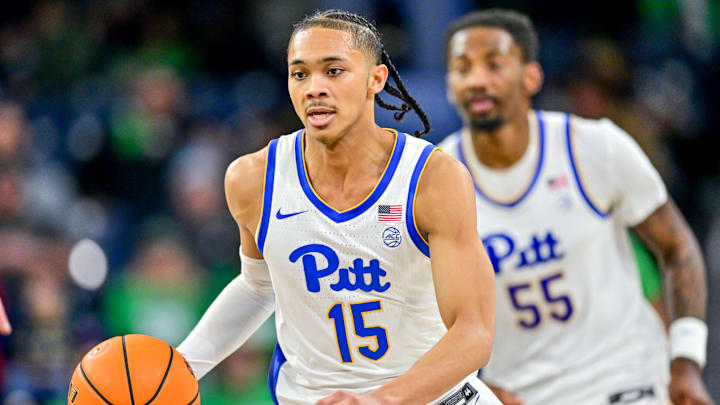 Feb 22, 2025; South Bend, Indiana, USA; Pittsburgh Panthers guard Jaland Lowe (15) dribbles in the second half against the Notre Dame Fighting Irish at the Purcell Pavilion. Mandatory Credit: Matt Cashore-Imagn Images