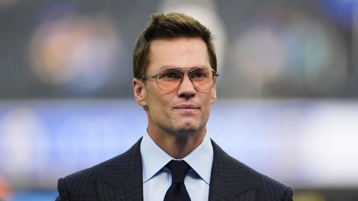 Dec 14, 2025; Inglewood, California, USA; Fox broadcaster Tom Brady is seen prior to the game between the Detroit Lions and the Los Angeles Rams at SoFi Stadium.