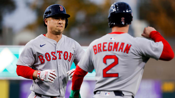 Sep 9, 2025; West Sacramento, California, USA; Boston Red Sox designated hitter Rob Refsnyder (30) celebrates with third baseman Alex Bregman (2) after hitting a three run home run during the first inning against the Athletics at Sutter Health Park. Mandatory Credit: Sergio Estrada-Imagn Images