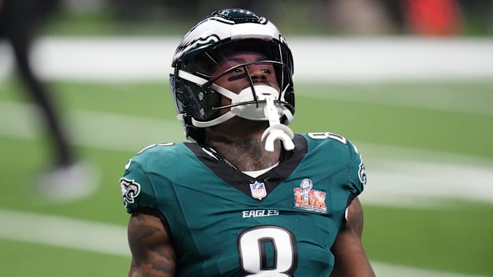 Feb 9, 2025; New Orleans, LA, USA; Philadelphia Eagles safety C.J. Gardner-Johnson (8) practices before Super Bowl LIX against the Kansas City Chiefs at Caesars Superdome. Mandatory Credit: Kirby Lee-Imagn Images