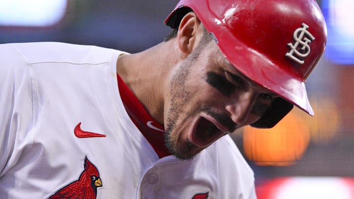 Mar 27, 2025; St. Louis, Missouri, USA;  St. Louis Cardinals third baseman Nolan Arenado (28) reacts after hitting a solo home run against the Minnesota Twins during the eighth inning at Busch Stadium. Mandatory Credit: Jeff Curry-Imagn Images