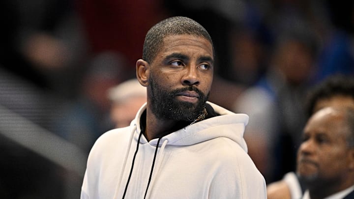 Nov 14, 2025; Dallas, Texas, USA; Dallas Mavericks guard Kyrie Irving looks on during the second half against the LA Clippers in an NBA Cup game at the American Airlines Center. Mandatory Credit: Jerome Miron-Imagn Images
