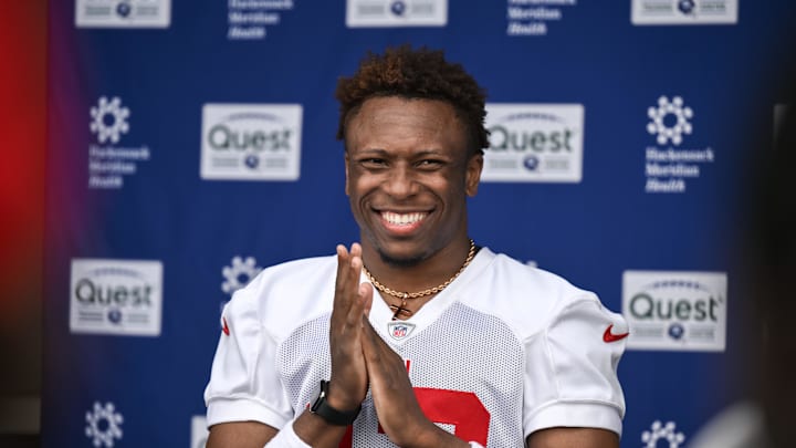 May 9, 2026; East Rutherford, NJ, USA; New York Giants cornerback Colton Hood (12) speaks during a press conference at rookie minicamp at Quest Diagnostics Training Center.  