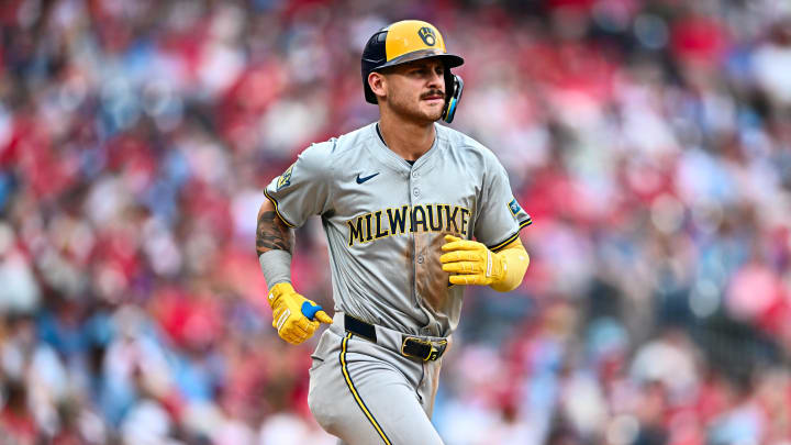 Jun 5, 2024; Philadelphia, Pennsylvania, USA; Milwaukee Brewers third baseman Joey Ortiz (3) advances to first on a walk against the Philadelphia Phillies in the eighth inning at Citizens Bank Park. 