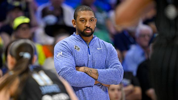 Jun 20, 2026; Arlington, Texas, USA; Chicago Sky head coach Tyler Marsh looks on during the first half between the Dallas Wings and the Chicago Sky at College Park Center. Mandatory Credit: Jerome Miron-Imagn Images