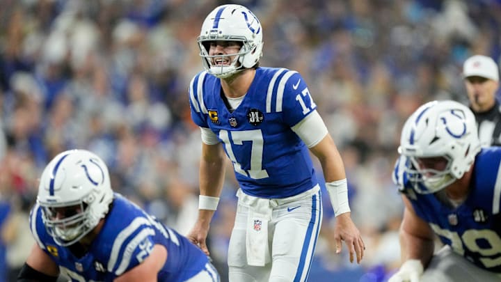 Indianapolis Colts quarterback Daniel Jones (17) yells at the line of scrimmage Sunday, Nov. 30, 2025, during a game against the Houston Texans at Lucas Oil Stadium in Indianapolis.