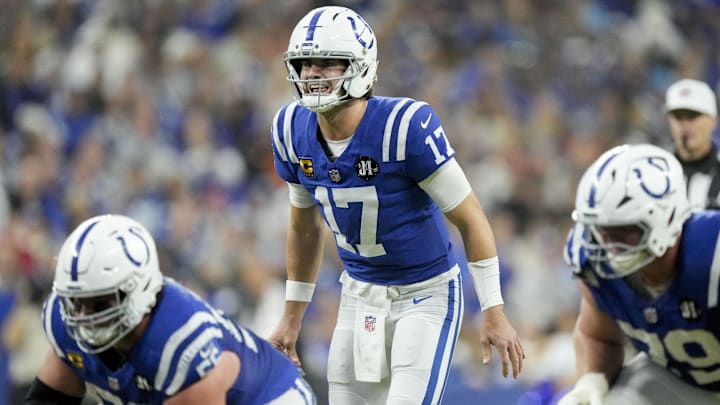 Nov 30, 2025; Indianapolis, Indiana, USA; Indianapolis Colts quarterback Daniel Jones (17) yells at the line of scrimmage during a game against the Houston Texans at Lucas Oil Stadium. Mandatory Credit: Grace Hollars-USA TODAY Network via Imagn Images