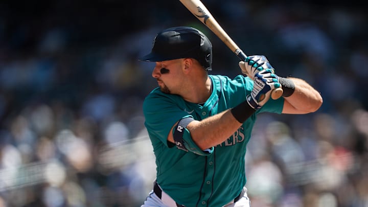 Seattle Mariners catcher Cal Raleigh (29) waits for a pitch during an at-bat against the Los Angeles Angels at T-Mobile Park in 2024. Seattle Mariners catcher Cal Raleigh (29) waits for a pitch during an at-bat against the Los Angeles Angels at T-Mobile Park in 2024.