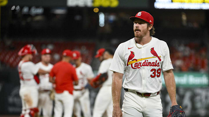 Aug 11, 2025; St. Louis, Missouri, USA;  St. Louis Cardinals starting pitcher Miles Mikolas (39) walks off the field after he was removed from the game against the Colorado Rockies during the seventh inning at Busch Stadium. Mandatory Credit: Jeff Curry-Imagn Images