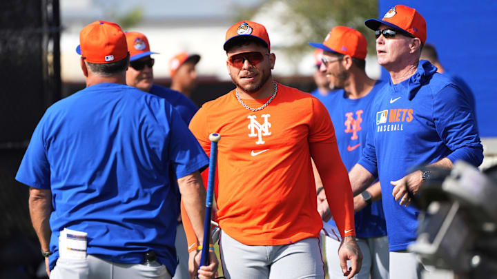 Feb 13, 2025; Port St. Lucie, FL, USA; New York Mets catcher Francisco Alvarez (4) attends Spring Training. Mandatory Credit: Jim Rassol-Imagn Images