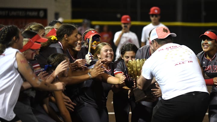 Hermleigh receives its trophy after beating Borden County in Game 3 of a Region I-1A final softball series Friday, May 24, 2024, at First United Park in Woodrow. The two teams meet again this week for a right to advance to the state semifinals. 