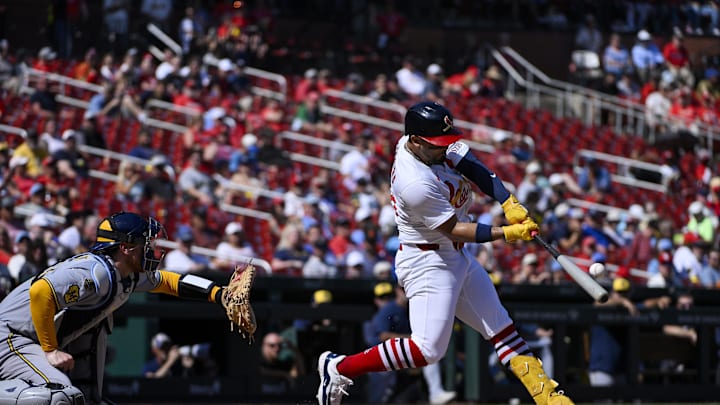 Sep 21, 2025; St. Louis, Missouri, USA; St. Louis Cardinals designated hitter Ivan Herrera (48) hits a two run home run against the Milwaukee Brewers during the third inning at Busch Stadium. Mandatory Credit: Jeff Curry-Imagn Images