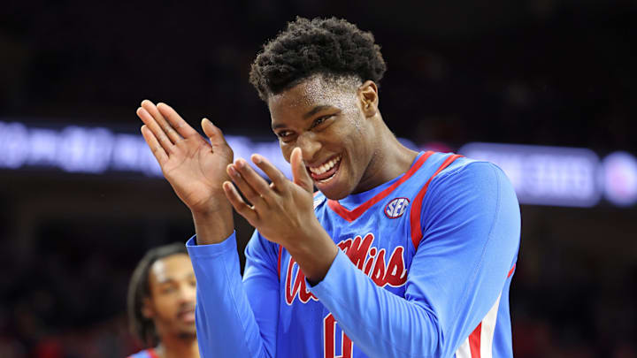 Jan 8, 2025; Fayetteville, Arkansas, USA; Ole Miss Rebels forward Malik Dia (0) celebrates in the second half against the Arkansas Razorbacks at Bud Walton Arena. Ole Miss won 73-66. Mandatory Credit: Nelson Chenault-Imagn Images Jan 8, 2025; Fayetteville, Arkansas, USA; Ole Miss Rebels forward Malik Dia (0) celebrates in the second half against the Arkansas Razorbacks at Bud Walton Arena. Ole Miss won 73-66. Mandatory Credit: Nelson Chenault-Imagn Images