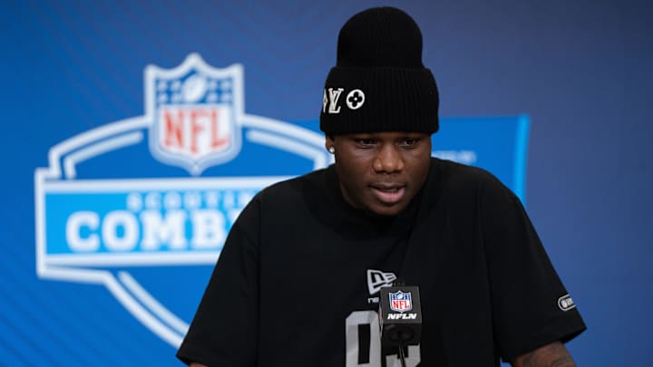 Louisville wideout Chris Bell (WO03) speaks to members of the media during the NFL Combine at the Indiana Convention Center. Mandatory Credit: Jacob Musselman-Imagn Images