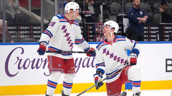 Mar 25, 2026; Toronto, Ontario, CAN;  New York Rangers forward Adam Sykora (38) and forward Jaroslav Chmelar (48) laugh during warm up before a game against the Toronto Maple Leafs at Scotiabank Arena. Mandatory Credit: John E. Sokolowski-Imagn Images