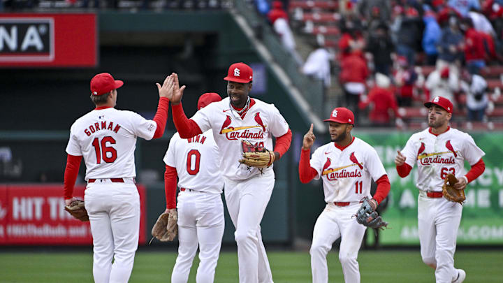 Apr 4, 2024; St. Louis, Missouri, USA;  St. Louis Cardinals right fielder Jordan Walker (18) celebrates with second baseman Nolan Gorman (16) after the Cardinals defeated the Miami Marlins at Busch Stadium. Mandatory Credit: Jeff Curry-Imagn Images