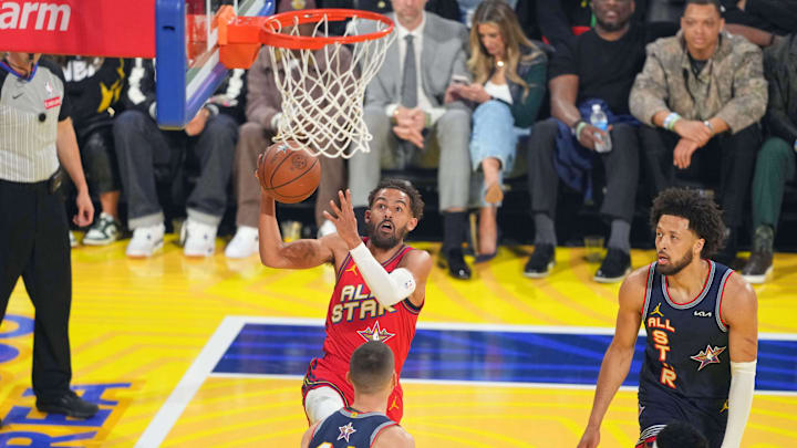 Feb 16, 2025; San Francisco, CA, USA; Chuckís Global Stars guard Trae Young (11) of the Atlanta Hawks shoots the ball against Kennyís Young Stars during the 2025 NBA All Star Game at Chase Center. Mandatory Credit: Darren Yamashita-Imagn Images