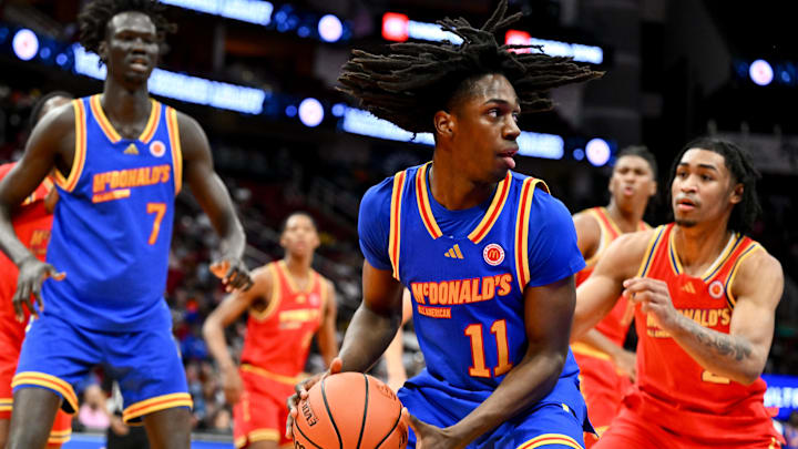 Apr 2, 2024; Houston, TX, USA; McDonald's All American East forward Ian Jackson (11) looks to pass the ball during the first half against the McDonald's All American West at Toyota Center. Mandatory Credit: Maria Lysaker-Imagn Images