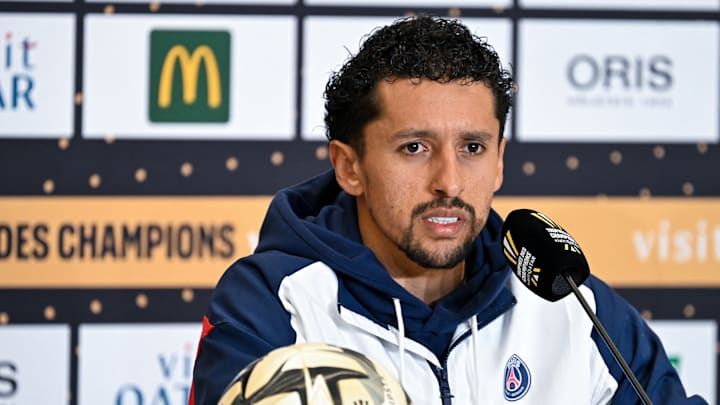 Marquinhos during his pre-match press conference ahead of PSG's Trophée des Champions clash against AS Monaco