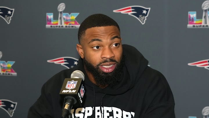 Feb 3, 2026; Santa Clara, CA, USA; New England Patriots linebacker K'lavon Chaisson speaks to the media during Super Bowl LX press conference at Santa Clara Marriott. Mandatory Credit: Kirby Lee-Imagn Images