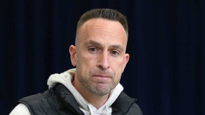 Feb 24, 2026; Indianapolis, IN, USA; Miami Dolphins coach Jeff Hafley speaks at the NFL Scouting Combine at the Indiana Convention Center. Mandatory Credit: Kirby Lee-Imagn Images