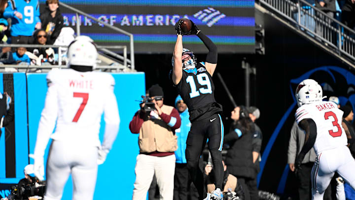 Dec 22, 2024; Charlotte, North Carolina, USA;  Carolina Panthers wide receiver Adam Thielen (19) catches a touchdown pass in the second quarter at Bank of America Stadium. Mandatory Credit: Bob Donnan-Imagn Images