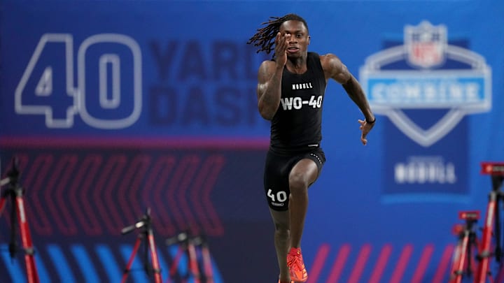 Texas wide receiver Xavier Worthy (WO40) ran an official time of 4.21 seconds to set a record during the 2024 NFL Combine.