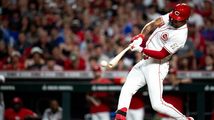 Cincinnati Reds outfielder Will Benson (30) hits a 2-run RBI single in the seventh inning of the MLB game between the Cincinnati Reds and the Chicago Cubs at Great American Ball Park in Cincinnati on Thursday, June 6, 2024. Cincinnati Reds outfielder Will Benson (30) hits a 2-run RBI single in the seventh inning of the MLB game between the Cincinnati Reds and the Chicago Cubs at Great American Ball Park in Cincinnati on Thursday, June 6, 2024.