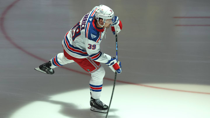 Jan 31, 2026; Pittsburgh, Pennsylvania, USA;  New York Rangers center Sam Carrick (39) takes the ice to warm up against the Pittsburgh Penguins at PPG Paints Arena. Mandatory Credit: Charles LeClaire-Imagn Images