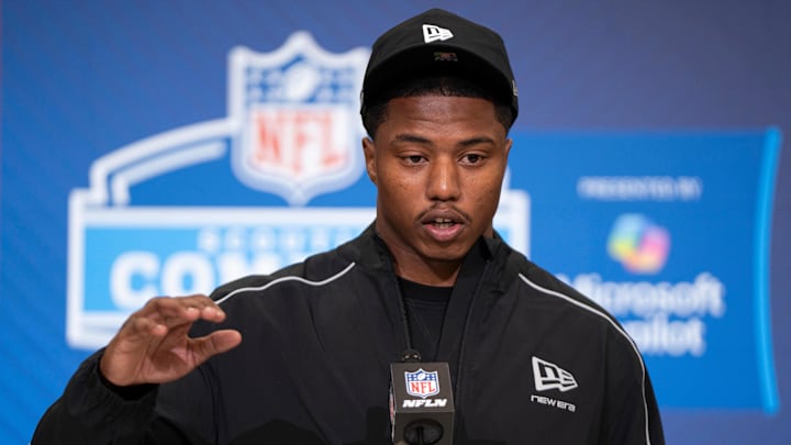 Feb 26, 2026; Indianapolis, IN, USA; Miami defensive back Keionte Scott (DB29) speaks to members of the media during the NFL Combine at the Indiana Convention Center. Mandatory Credit: Jacob Musselman-Imagn Images
