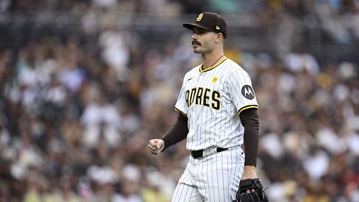 Sep 18, 2024; San Diego, California, USA; San Diego Padres starting pitcher Dylan Cease (84) celebrates during the eighth inning against the Houston Astros at Petco Park. Mandatory Credit: Orlando Ramirez-Imagn Images Sep 18, 2024; San Diego, California, USA; San Diego Padres starting pitcher Dylan Cease (84) celebrates during the eighth inning against the Houston Astros at Petco Park. Mandatory Credit: Orlando Ramirez-Imagn Images
