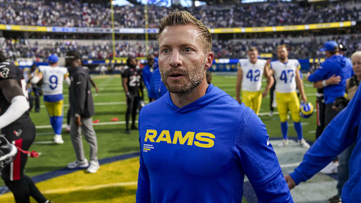 Sep 7, 2025; Inglewood, California, USA; Los Angeles Rams coach Sean McVay after winning the game against Houston Texans at SoFi Stadium. Mandatory Credit: Kirby Lee-Imagn Images