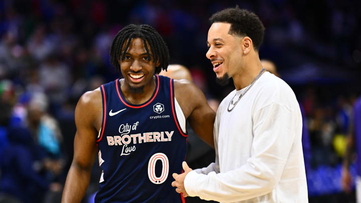 Mar 16, 2024; Philadelphia, Pennsylvania, USA; Philadelphia 76ers guard Tyrese Maxey (0) reacts with Charlotte Hornets guard Seth Curry (30) after the game at Wells Fargo Center. Mandatory Credit: Kyle Ross-USA TODAY Sports Mar 16, 2024; Philadelphia, Pennsylvania, USA; Philadelphia 76ers guard Tyrese Maxey (0) reacts with Charlotte Hornets guard Seth Curry (30) after the game at Wells Fargo Center. Mandatory Credit: Kyle Ross-USA TODAY Sports