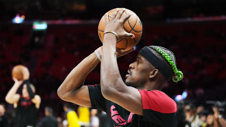 Jan 2, 2025; Miami, Florida, USA;  Miami Heat forward Jimmy Butler (22) warms-up before the game against the Indiana Pacers at Kaseya Center. Mandatory Credit: Jim Rassol-Imagn Images