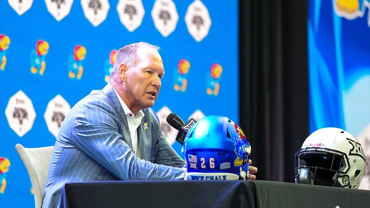 Jul 8, 2026; Frisco, TX, USA;  Kansas head coach Lance Leipold speaks to reporters during Big 12 Conference Football Media Days at The Star. Mandatory Credit: Raymond Carlin III-Imagn Images