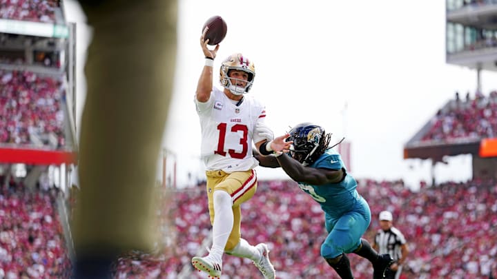 Sep 28, 2025; Santa Clara, California, USA; San Francisco 49ers quarterback Brock Purdy (13) passes the ball during the first half against the Jacksonville Jaguars at Levi's Stadium. Mandatory Credit: Kyle Terada-Imagn Images
