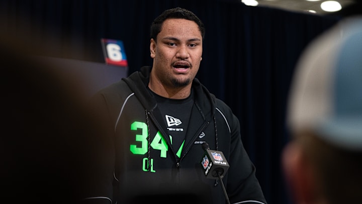 Feb 28, 2026; Indianapolis, IN, USA; Miami offensive lineman Francis Mauigoa (OL34) speaks to members of the media during the NFL Combine at the Indiana Convention Center. Mandatory Credit: Jacob Musselman-Imagn Images