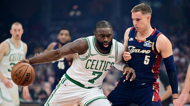 Mar 8, 2026; Cleveland, Ohio, USA; Boston Celtics guard Jaylen Brown (7) drives to the basket against Cleveland Cavaliers guard Sam Merrill (5) during the first quarter at Rocket Arena. Mandatory Credit: Ken Blaze-Imagn Images Mar 8, 2026; Cleveland, Ohio, USA; Boston Celtics guard Jaylen Brown (7) drives to the basket against Cleveland Cavaliers guard Sam Merrill (5) during the first quarter at Rocket Arena. Mandatory Credit: Ken Blaze-Imagn Images