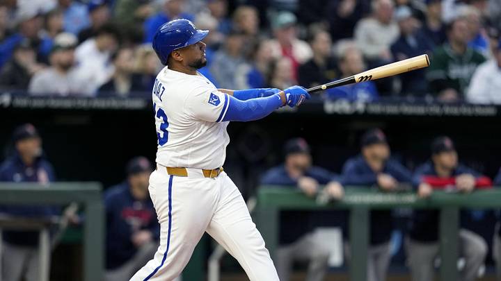 May 20, 2026; Kansas City, Missouri, USA; Kansas City Royals catcher Elias Diaz (43) hits a home run during the fifth inning against the Boston Red Sox at Kauffman Stadium. Mandatory Credit: Jay Biggerstaff-Imagn Images