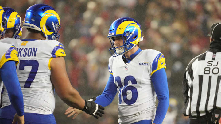 Dec 12, 2024; Santa Clara, California, USA; Los Angeles Rams kicker Joshua Karty (16) celebrates with teammates after scoring a field goal against the San Francisco 49ers during the fourth quarter at Levi's Stadium. Mandatory Credit: Kelley L Cox-Imagn Images Dec 12, 2024; Santa Clara, California, USA; Los Angeles Rams kicker Joshua Karty (16) celebrates with teammates after scoring a field goal against the San Francisco 49ers during the fourth quarter at Levi's Stadium. Mandatory Credit: Kelley L Cox-Imagn Images