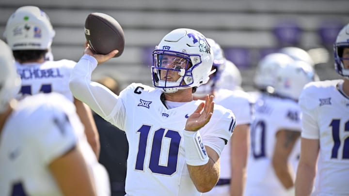 Sep 20, 2025; Fort Worth, Texas, USA; TCU Horned Frogs quarterback Josh Hoover (10) warms up before the game against the SMU Mustangs at Amon G. Carter Stadium. Mandatory Credit: Jerome Miron-Imagn Images Sep 20, 2025; Fort Worth, Texas, USA; TCU Horned Frogs quarterback Josh Hoover (10) warms up before the game against the SMU Mustangs at Amon G. Carter Stadium. Mandatory Credit: Jerome Miron-Imagn Images