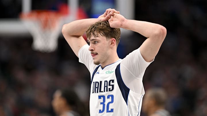 Feb 5, 2026; Dallas, Texas, USA; Dallas Mavericks forward Cooper Flagg (32) walks off the court during the second half against the San Antonio Spurs at the American Airlines Center. Mandatory Credit: Jerome Miron-Imagn Images