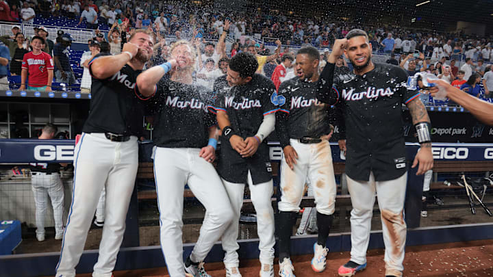 Aug 1, 2025; Miami, Florida, USA; Miami Marlins center fielder Jakob Marsee (87), left fielder Kyle Stowers (28), third baseman Javier Sanoja (46), second baseman Xavier Edwards (9) and catcher Agustin Ramirez (50) celebrate after winning the game against the New York Yankees at loanDepot Park. Mandatory Credit: Sam Navarro-Imagn Images Aug 1, 2025; Miami, Florida, USA; Miami Marlins center fielder Jakob Marsee (87), left fielder Kyle Stowers (28), third baseman Javier Sanoja (46), second baseman Xavier Edwards (9) and catcher Agustin Ramirez (50) celebrate after winning the game against the New York Yankees at loanDepot Park. Mandatory Credit: Sam Navarro-Imagn Images