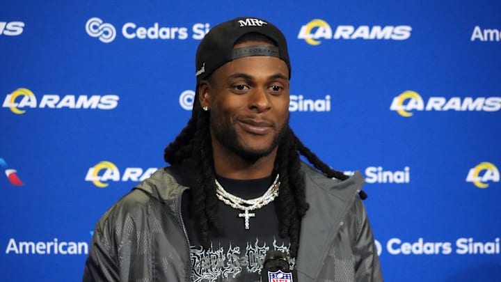 Oct 19, 2025; London, United Kingdom; Los Angeles Rams wide receiver Davante Adams at a press conference after a NFL International Series game against the Jacksonville Jaguars at Wembley Stadium. Mandatory Credit: Kirby Lee-Imagn Images