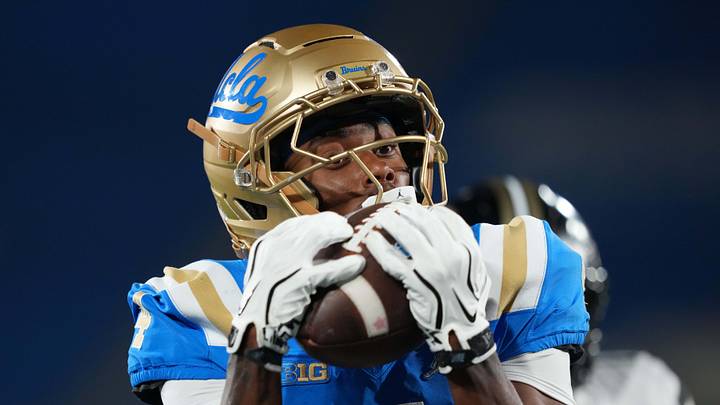 Sep 19, 2026; Pasadena, California, USA; UCLA Bruins wide receiver Semaj Morgan (4) catches a 20-yard touddown pass against the Purdue Boilermakers in the first half at the Rose Bowl. Mandatory Credit: Kirby Lee-Imagn Images Sep 19, 2026; Pasadena, California, USA; UCLA Bruins wide receiver Semaj Morgan (4) catches a 20-yard touddown pass against the Purdue Boilermakers in the first half at the Rose Bowl. Mandatory Credit: Kirby Lee-Imagn Images